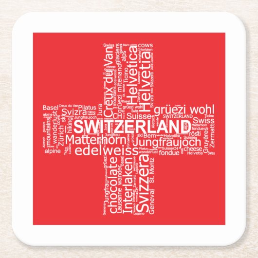 スイス国旗のワードクラウド スクエアペーパーコースター (正面)