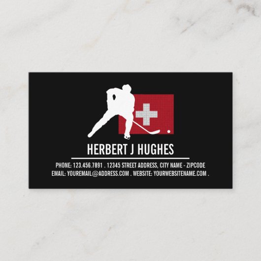 スイス国旗、ホッケープレーヤー、ホッケーコーチの写真 名刺 (正面)