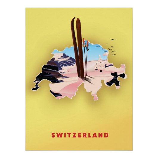 スイス地図 スキースポーツ 旅行ポスター ポスター (正面)