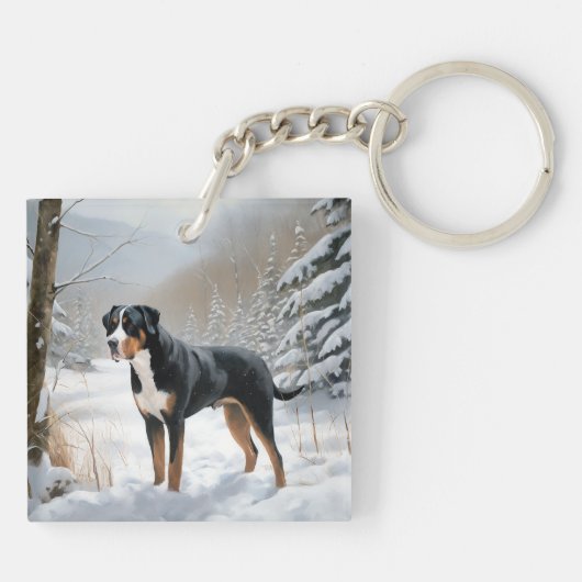 スイス素晴らしの山で雪のクリスマスを過ごす キーホルダー (裏面)