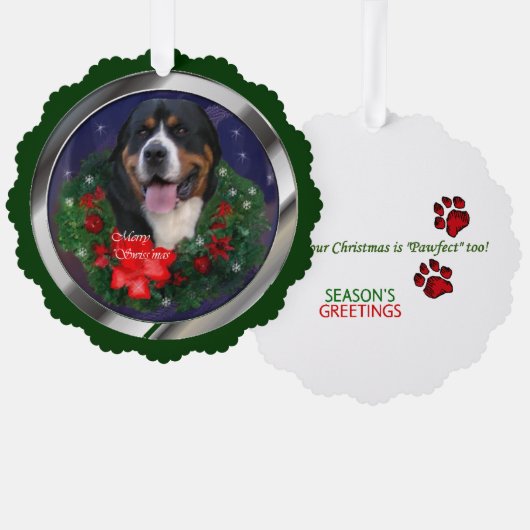 スイス素晴らしの山犬のクリスマスプレゼント オーナメントカード (正面/裏面)