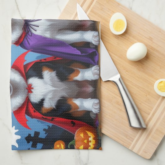 スイス素晴らしマウンテンドッグパンプキンハロウィンおもしろい キッチンタオル (四つ折り)