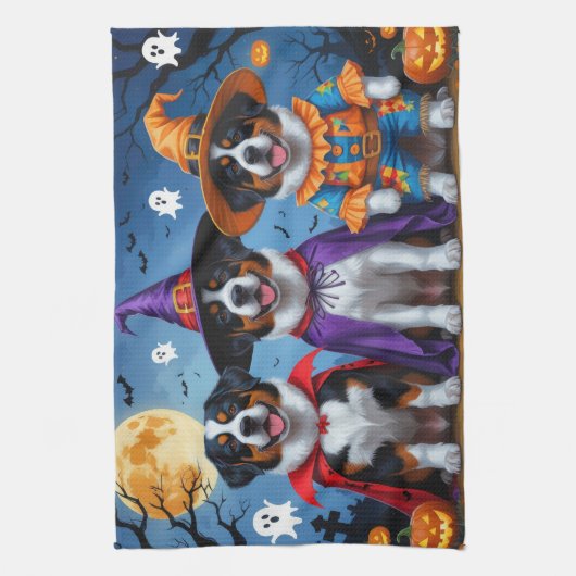 スイス素晴らしマウンテンドッグパンプキンハロウィンおもしろい キッチンタオル (縦)