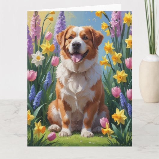 スイス素晴らしマウンテン犬の春の花絵を描ズ カード (正面)