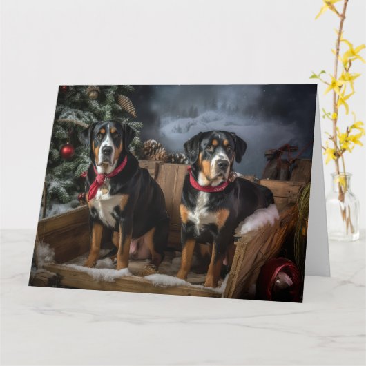 スイス素晴らしマウンテン雪そりクリスマス カード (黄色い花)