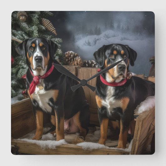 スイス素晴らしマウンテン雪そりクリスマス スクエア壁時計 (正面)