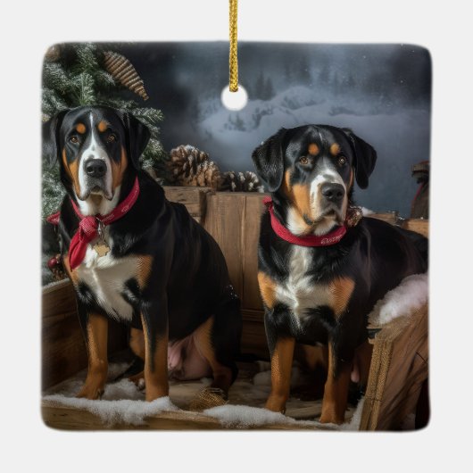 スイス素晴らしマウンテン雪そりクリスマス セラミックオーナメント (裏面)