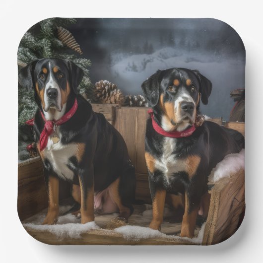 スイス素晴らしマウンテン雪そりクリスマス ペーパープレート (正面)