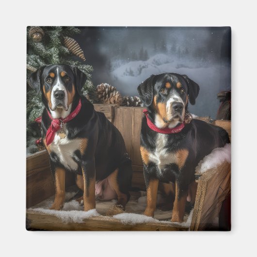 スイス素晴らしマウンテン雪そりクリスマス マグネット (正面)