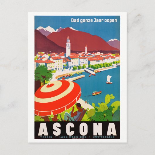 スイス・アスコナ・ヴィンテージ旅行ポスター復元 ポストカード (正面)