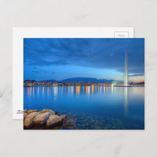 スイス、ジュネーブの有名な噴水を望むパノラマ、 ポストカード (正面/裏面)