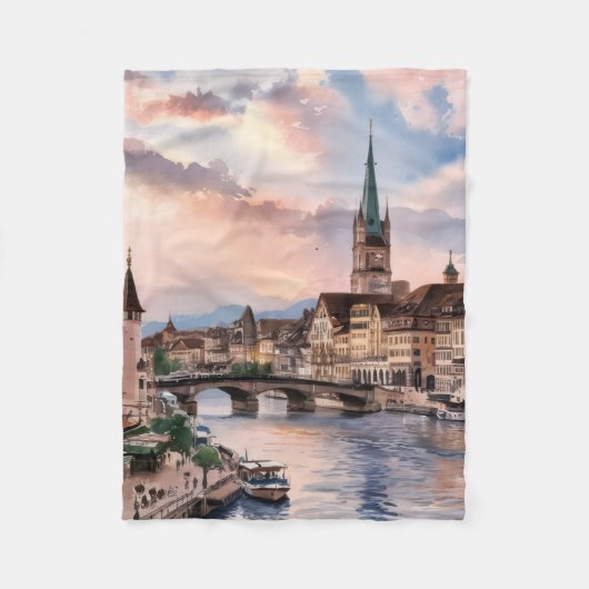 スイス チューリッヒ 水彩画 フリースブランケット (正面)