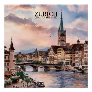 スイス チューリッヒ 水彩画 ポスター
