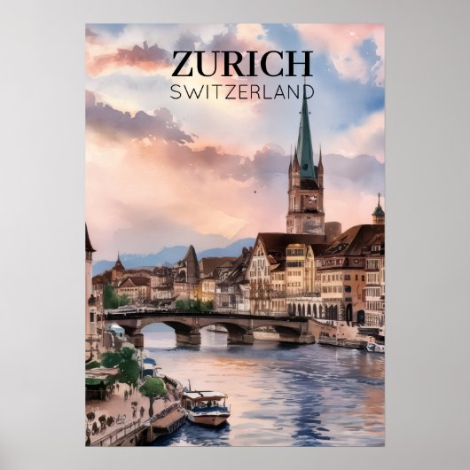 スイス チューリッヒ 水彩画 ポスター (正面)