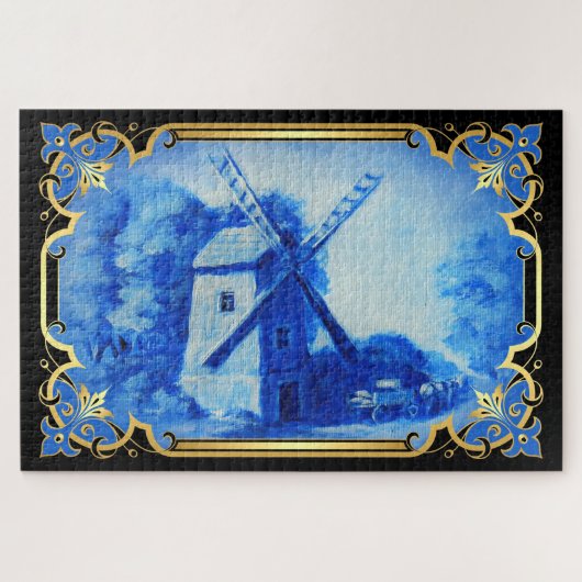 スイス/ノルウェー/オランダ風車デルフトブルー ジグソーパズル (横)