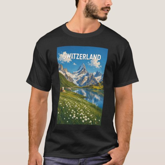 スイス 牛 牛 イラスト 旅行 アート レトロ Tシャツ (正面)