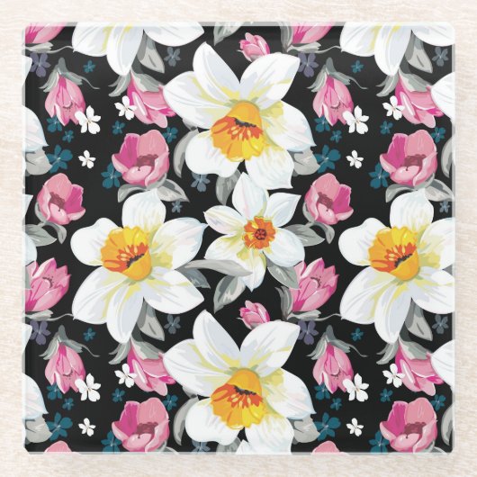 スイセンの花が付いている優雅パターン ガラスコースター (正面)