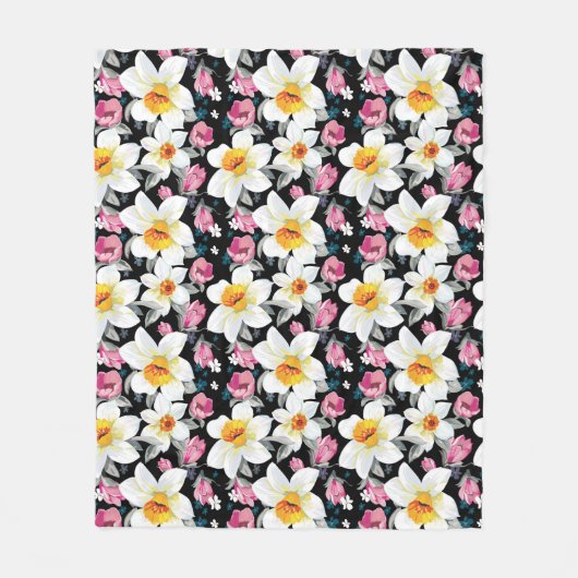 スイセンの花が付いている優雅パターン フリースブランケット (正面)