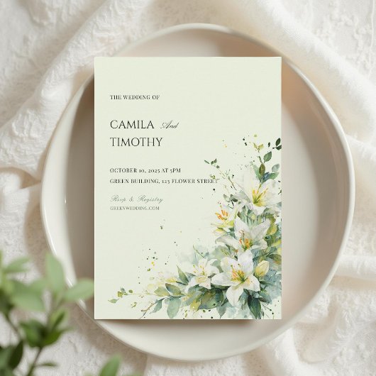 スイセンの花のセージグリーン ウェディング 招待状