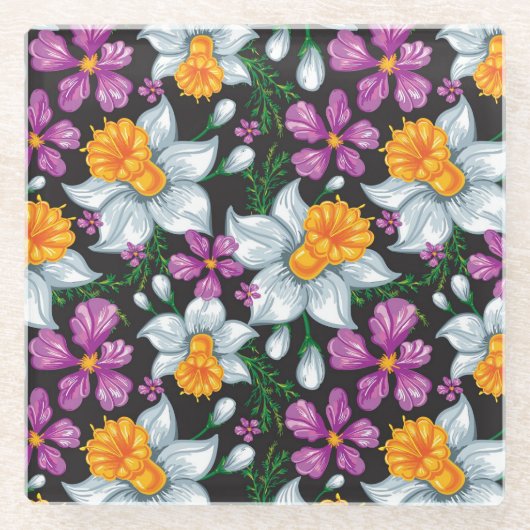 スイセンの花2が付いている優雅パターン ガラスコースター (正面)