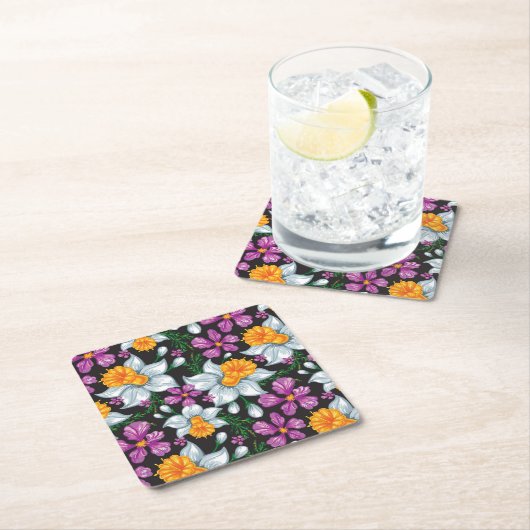 スイセンの花2が付いている優雅パターン スクエアペーパーコースター (インサイチュ)