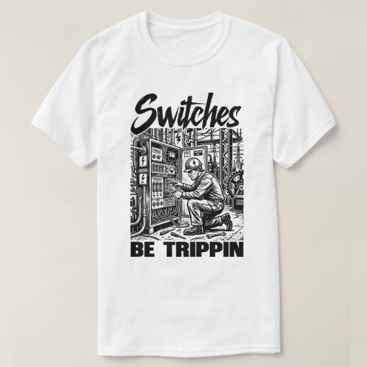 スイッチがトリップしてる 電気技師ユーモア Tシャツ (デザイン正面)