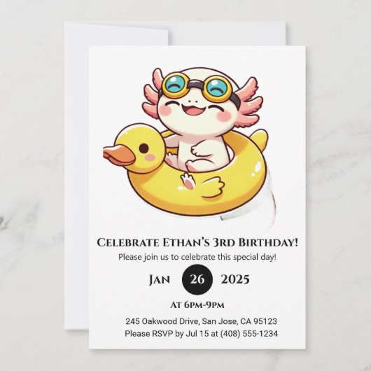スイミングアクソロトルおもしろい誕生日 招待状 (正面)