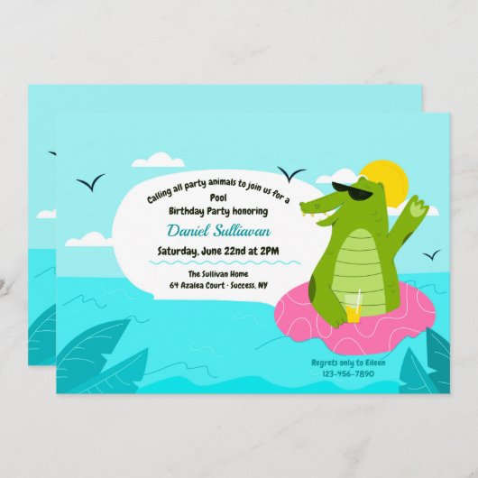 スイミングアリゲーターバースデーパーティー 招待状 (正面/裏面)