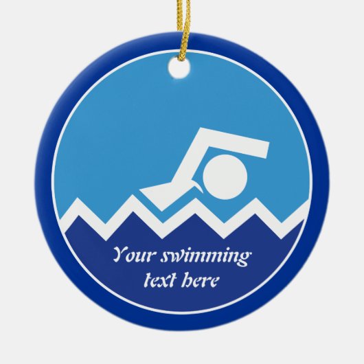 スイミングギフト、泳ぐ人、青い円のカスタム セラミックオーナメント (正面)