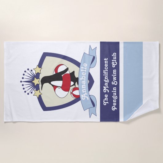 スイミングクパーソナライズされたラブクレストカワイペンギンキッズ ビーチタオル (正面)