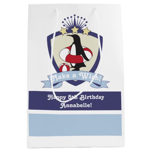 スイミングクラブクレストキュートペンギン子供の誕生日 ミディアムペーパーバッグ (正面)