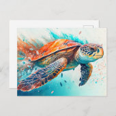 スイミングシーカラフルウミガメハッピーバースデー ポストカード (正面/裏面)