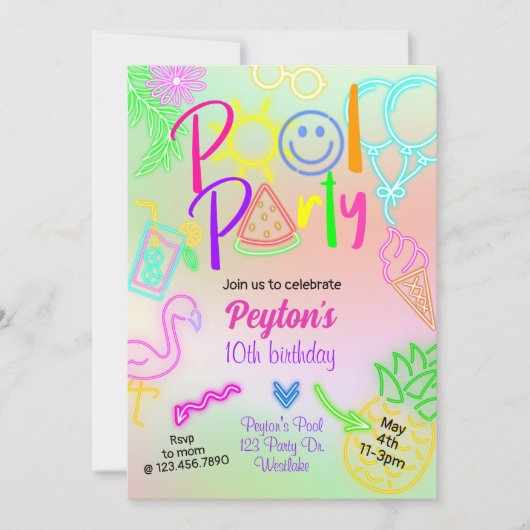 スイミングパーティー、グロー パーティー、ネオン グロー 招待状 (正面)