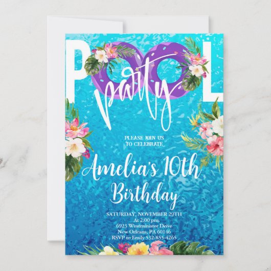 スイミングパーティー、サマープールパーティー誕生日 招待状 (正面)