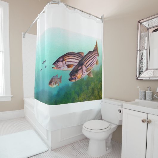 スイミングフィッシュストライプのバスシャワーカーテン シャワーカーテン (インサイチュ)