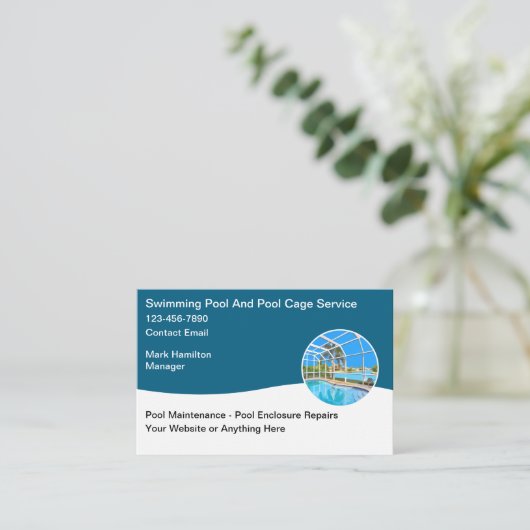 スイミングプールおよびエンクロージャの修理メンテナンス 名刺 (スタンド正面)