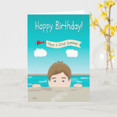 スイミングプールから覗き込む少年の誕生日 カード (黄色い花)