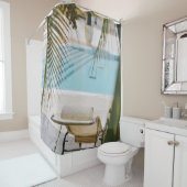 スイミングプールの横の茶色と黒の肘掛け椅子 シャワーカーテン (インサイチュ)