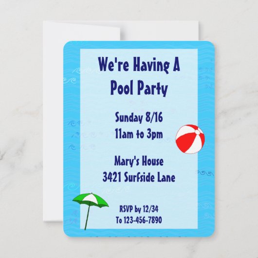 スイミングプールテーマカスタムパーティの招待状 招待状 (裏面)
