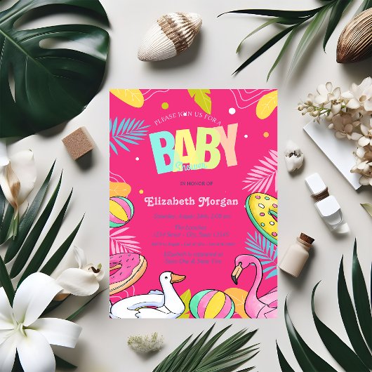 スイミングプールトイ離れズピンクベビーシャワー 招待状