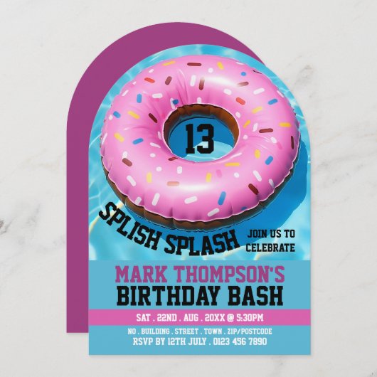 スイミングプールドーナツプールパーティー誕生日 招待状 (正面/裏面)