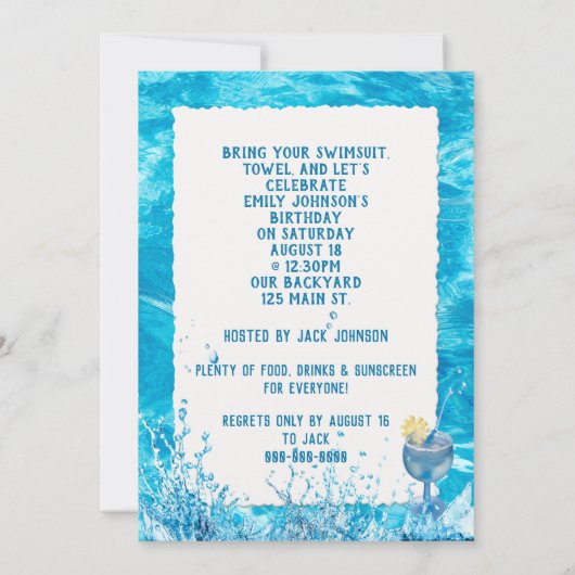 スイミングプールバースデーパーティー招待状 招待状 (裏面)