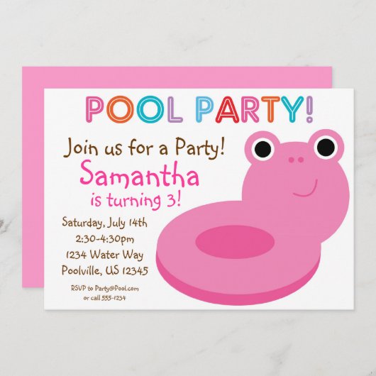 スイミングプールパーティーピンクプールフローティ誕生日 招待状 (正面/裏面)