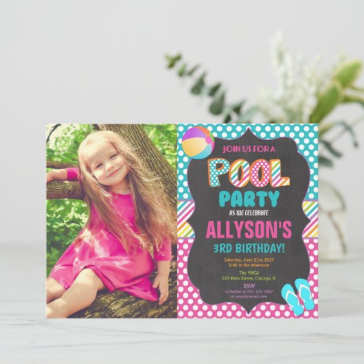 スイミングプールパーティー夏の誕生日パーティーの写真 招待状 (スタンド正面)