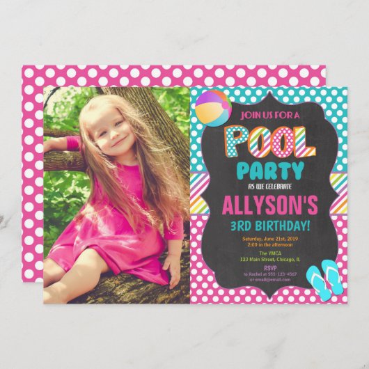スイミングプールパーティー夏の誕生日パーティーの写真 招待状 (正面/裏面)