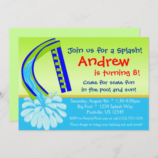 スイミングプールパーティー-グリーンウォータースライド誕生日 招待状 (正面/裏面)