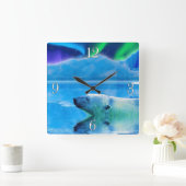 スイミングポーラーベア&オーロラアートクロック スクエア壁時計 (ホーム)