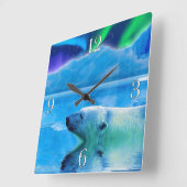 スイミングポーラーベア&オーロラアートクロック スクエア壁時計 (傾斜)