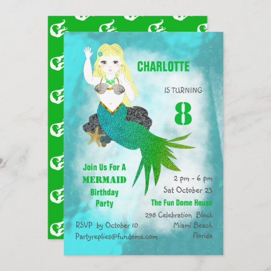 スイミングマーメイドカガーリーウト誕生日パーティー招待状 招待状 (正面/裏面)