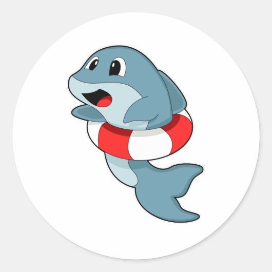 スイミングリングと泳ぐ時のイルカ ラウンドシール (正面)